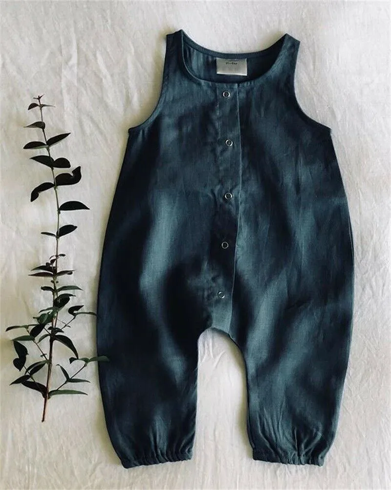 PUDCOCO Cute Kids Newborn Baby Boy Girl Cotton Linen Romper Solid Sleeveless Striped Jumpsuit Outfit Summer Casual Clothes 0-24M