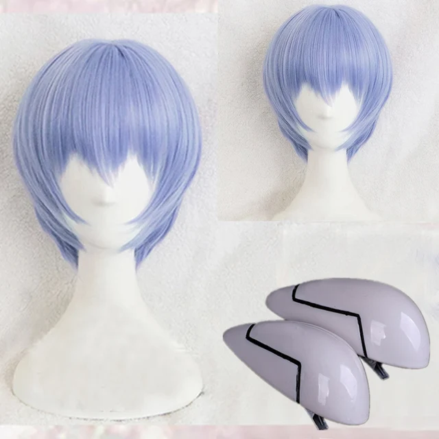EVA Ayanami Rei Wig Short Light Blue Heat Resistant Synthetic Hair Cosplay Headwear Haripins + Wig Cap wig and hairpins