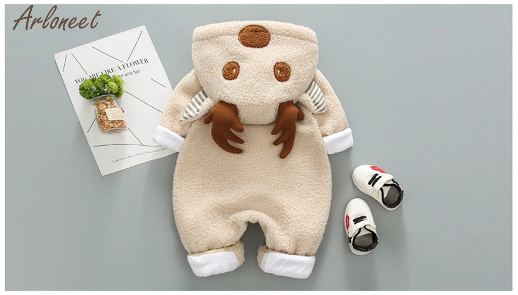 Newborn Baby Boy Girl Fleece Cartoon Winter Warm Jumpsuit Hooded Coat Outwear Headbands Children Cothing Suit NEW
