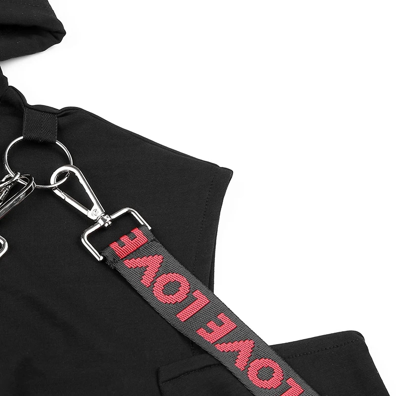 Weekeep Metal Chain Patchwork Hoodies Women Hooded Streetwear Pullover Hoodie Fashion Cropped Long Sleeve Sweatshirt Crop Top