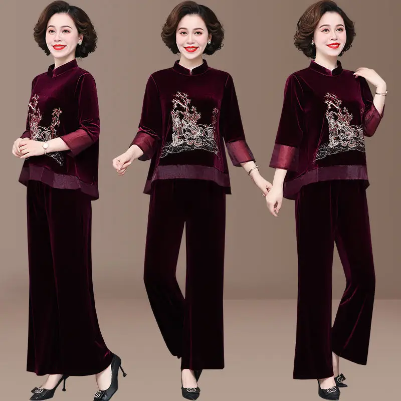 plus size sweat suits Middle-aged Women Gold Velvet Pants Suit Spring Autumn Large Size Loose Tops + Trousers 2PCS Female Fashion Elegant Set 5XL 200 sweat suits women Women's Sets