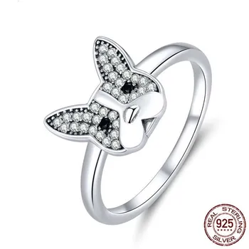 

Genuine 925 Sterling Silver French Bulldog Finger Rings for Women Clear CZ Party Statement Silver 925 Jewelry SCR612