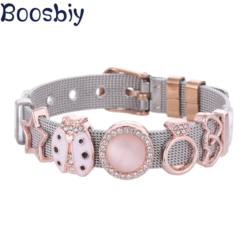 Boosbiy розовый браслет «божья коровка» из нержавеющей стали для женщин, сетчатый Браслет, набор, Хрустальная корона, шарм, брендовые браслеты для женщин, подарок