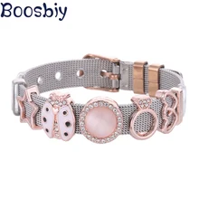 Boosbiy розовый браслет «божья коровка» из нержавеющей стали для женщин, сетчатый Браслет, набор, Хрустальная корона, шарм, брендовые браслеты для женщин, подарок