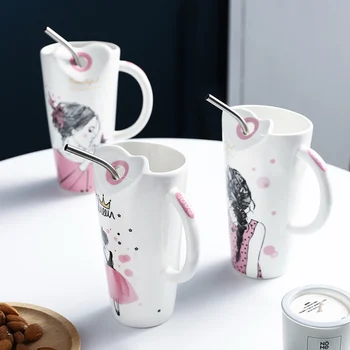 

Ceramic Mug Beautiful Girl Cup With Straw Microwave Milk Cup Office Mug Non-toxic Harmless and Odorless