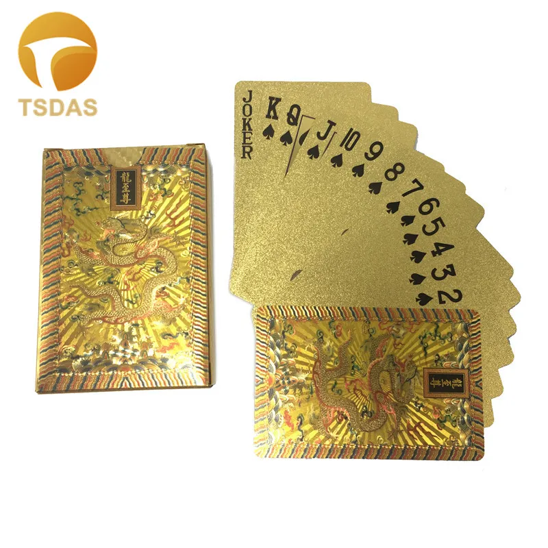 Пластиковые игральные карты из золотой фольги 24K с дизайном дракона, пластиковые игральные карты с золотым покрытием для игры в покер с красной деревянной коробкой