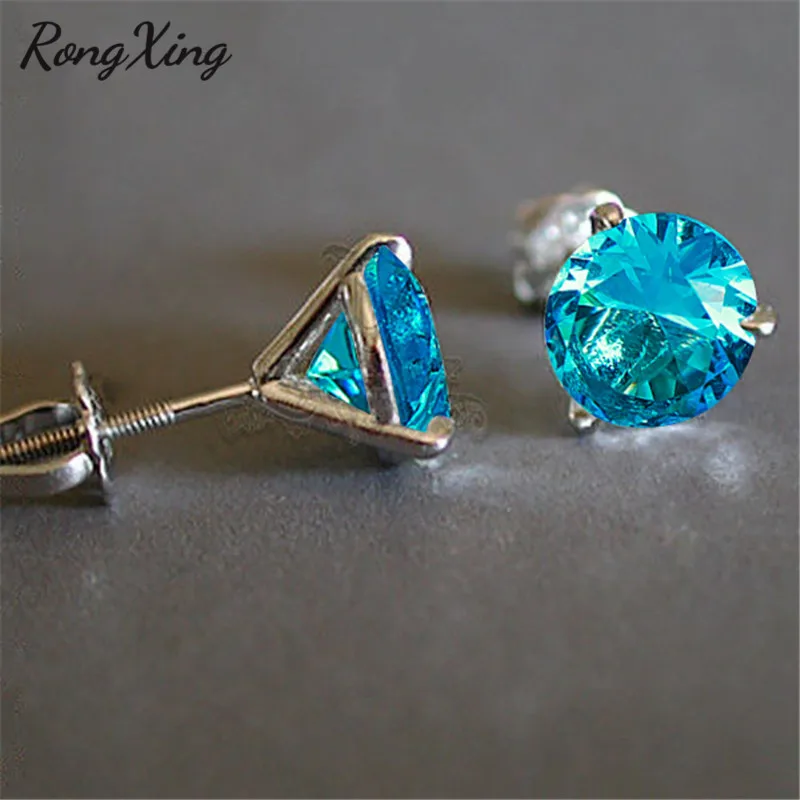Aquamarine RongXing 6 мм круглый Радужный циркон 3 коготь спиральный гвоздик серьги для женщин 925 Серебро Заполненный многоцветный кристалл серьги изысканный подарок - Окраска металла: Aquamarine