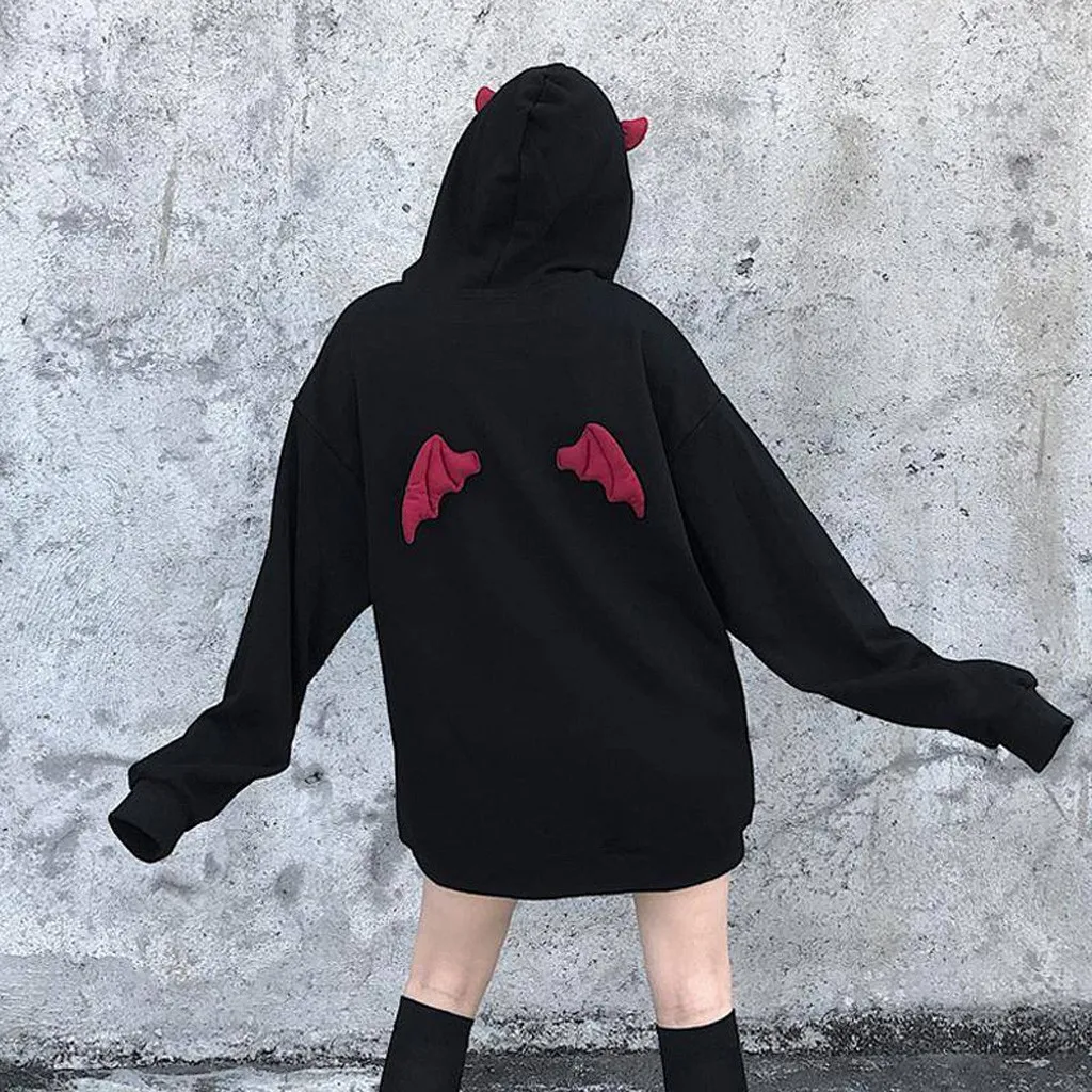 Harajuku Hoodies Girl Little Devil Horns Gothic Hooded Sweatshirts Women Demon Fly Wings Loose Pullovers Pocket Tops Streetwear 2