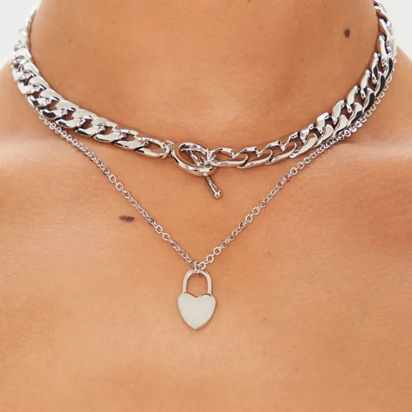 Silver Chain Love Heart Choker Necklace For Women Chunky Pendant Chocker collar collier femme collares colar naszyjnik | Украшения и