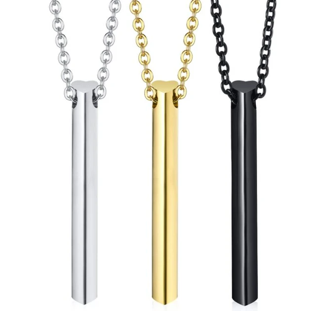 3D Cuboid Vertical Bar/Stick Stainless Steel Black Silver Locket Pendant  Necklace Chain For Boys and Men