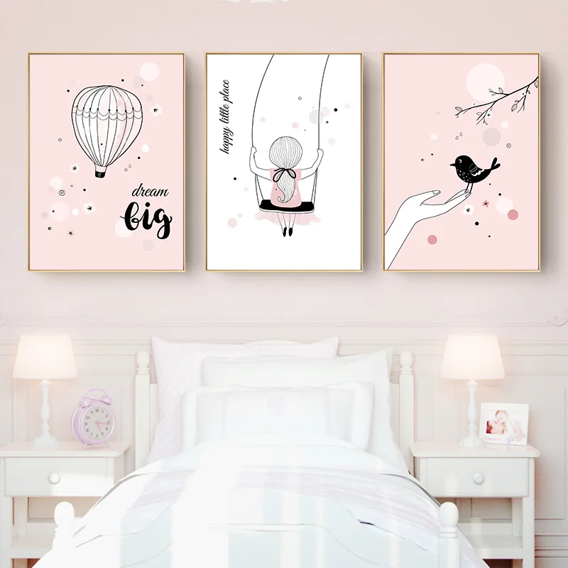 Nursery-Cartoon-Posters-Litter-Pink-Girl-Swing-Balloon-Canvas-Painting-For-Kid-s-Room-Wall-Decor (4)