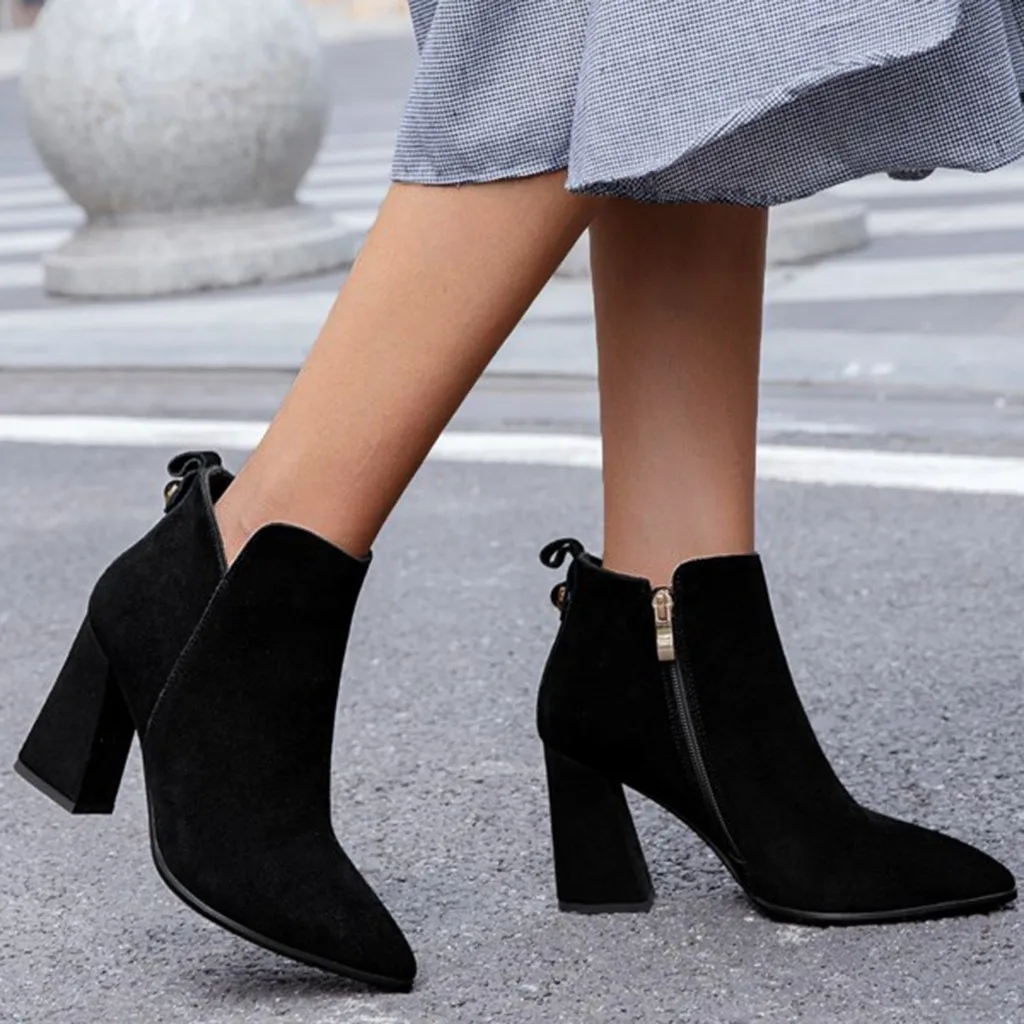 

Fashion Women Winter Warm Ankle Length Zipper Pointed Toe Flock Square Toe High Heels Boots Women High Heels Boots Shoes Woman