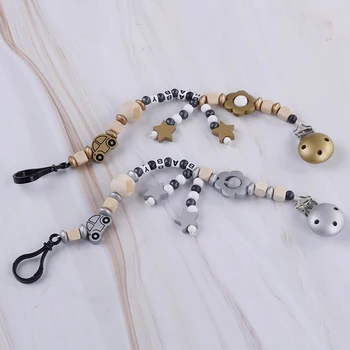 

Baby pacifier chain clip holder wooden bead crown soother feeding teether chew