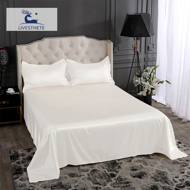 Liv-Esthete Luxury Silk White Flat Sheet Soft Pillowcase Bed Linen Christmas Gift Double Queen King Bed Sheet Healthy Sleep