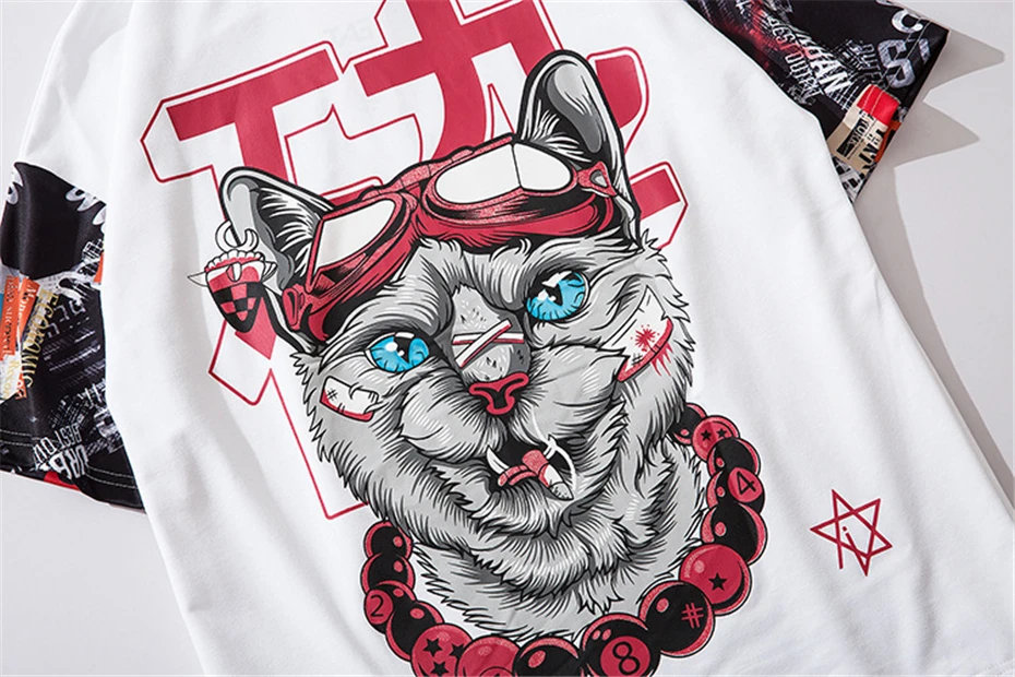 Новинка, лоскутное худи, футболки для мужчин, уличная одежда, Harajuku, принт с кошкой, футболка с коротким рукавом, хлопок, хип-хоп, летние топы, футболки, HT062