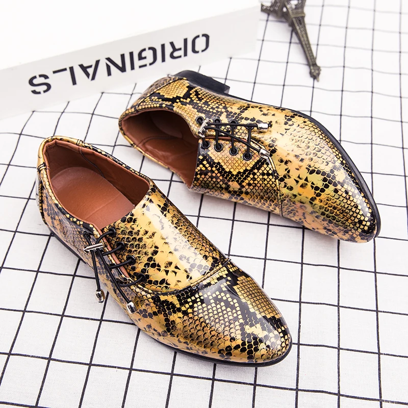 

2019new spring leather shoes Fashion Serpentine leather Shoes Male Prom Dress Oxfords Shoes Men's Lace Up Shoes Bright skin