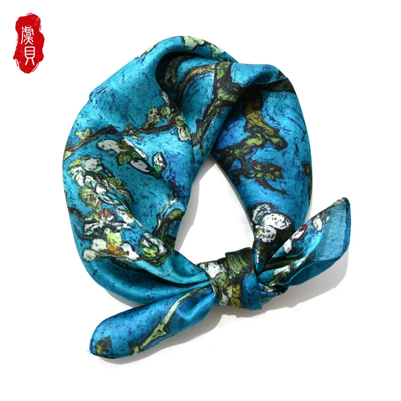 Van gogh peacock blue natural silk scarf printed flower for women 100% real high quality 50cm small square wrap lady gift |