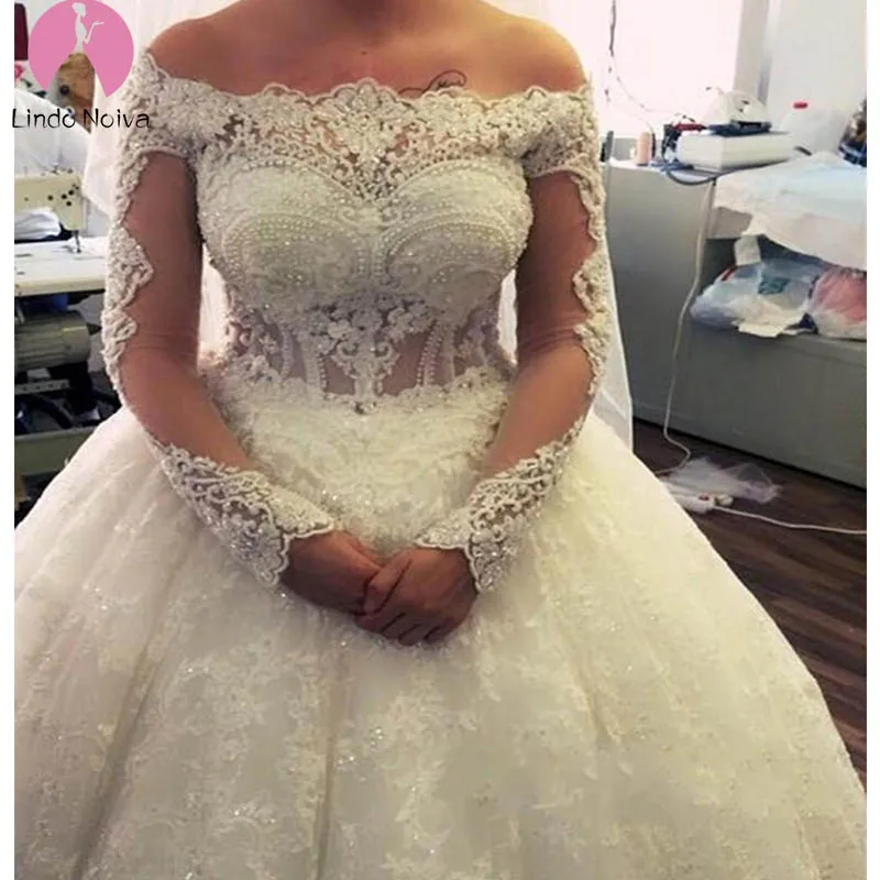 Vestido De Noiva Роскошные Одежда с длинным рукавом, кружевное платье принцессы, Свадебные и Бальные платья на шнуровке с жемчугом украшенное бисером свадебное платье Vestido De Noiva