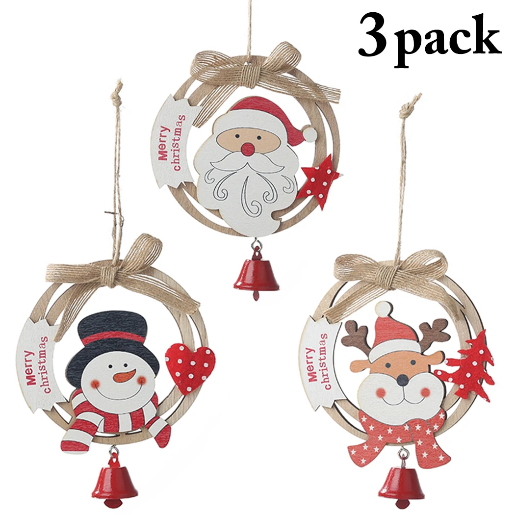 

3PCS Wooden Christmas Hanging Ornament Cute Bowknot Bell Wood Christmas Tree Ornament Wreath DIY Accessories For Festival Party