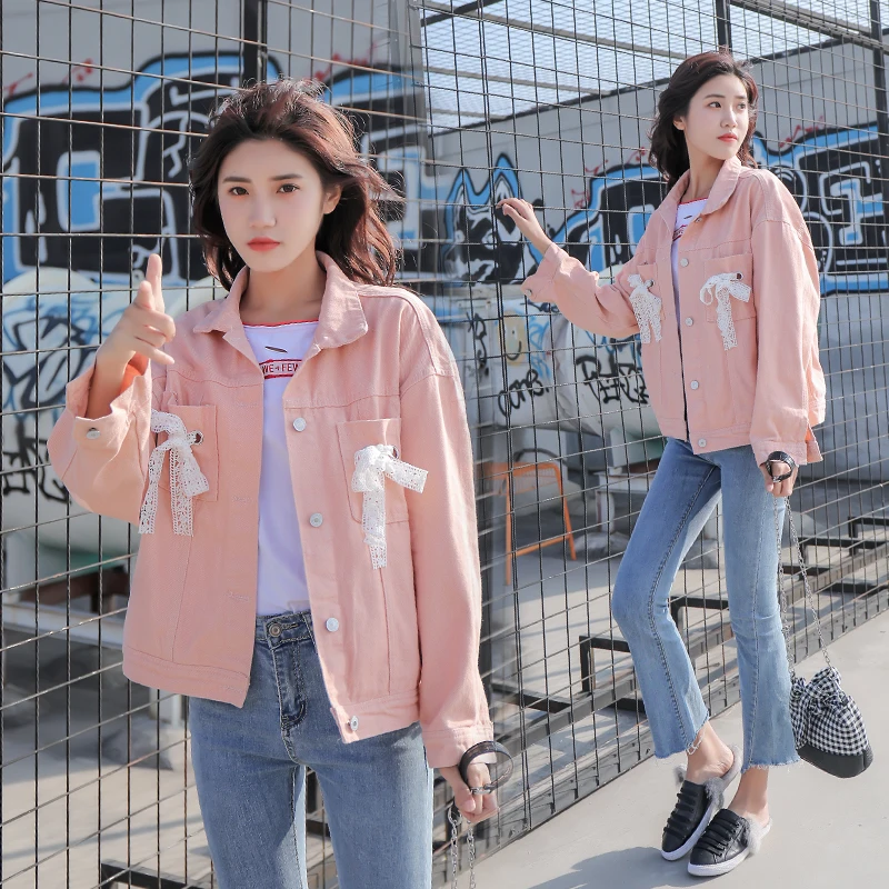 

2019 Brand clothing new women jacket denim coats Korean fashion lace bow harajuku sweet girl's outerwear tops solid color coats