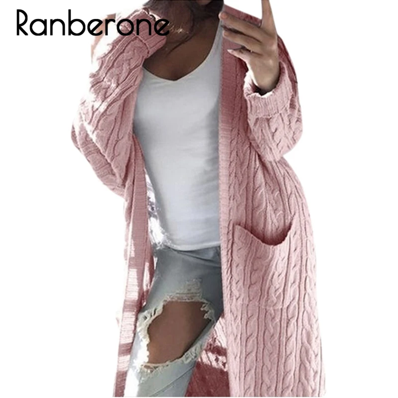 Ranberone New Autumn Winter Women Cardigan Long Coat Fashion Casual Solid Knitted 2019 Female Keep Warm Sweater Open Stitch Coat