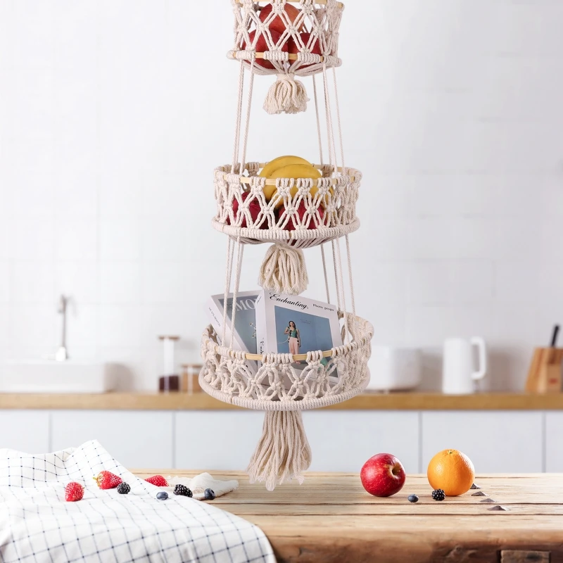 Multi-use 3 Tier Hanging Fruit Basket for Kitchen Boho Style Macrame Hanging Basket for Storage Fruit Indoor Decor