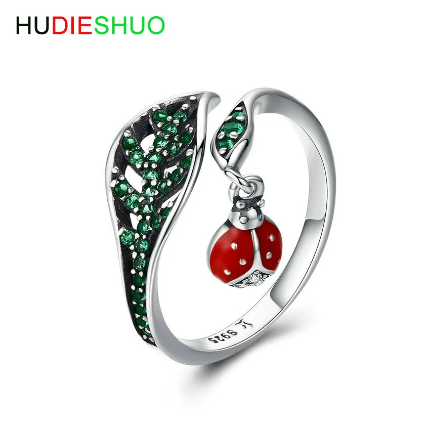 

HUDIESHUO Green Rings 925 Sterling Silver Ladybug Insect Wedding Rings Women's Jewelry