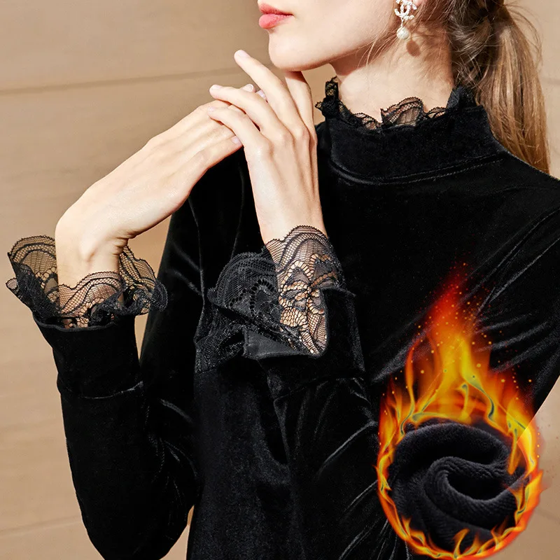Black Thermal Зимняя женская Вельветовая рубашка с длинными расклешенными рукавами и высоким воротом, элегантная рубашка OL размера плюс, теплая Рождественская рубашка, Корейская одежда - Цвет: Black Thermal