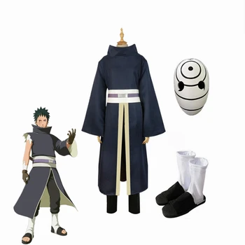 

2019 NARUTO Costume Uchiha Obito Cosplay Costume Akatsuki Mask men Tobi Cloak suit Clothes shoes mask Halloween Party clothing