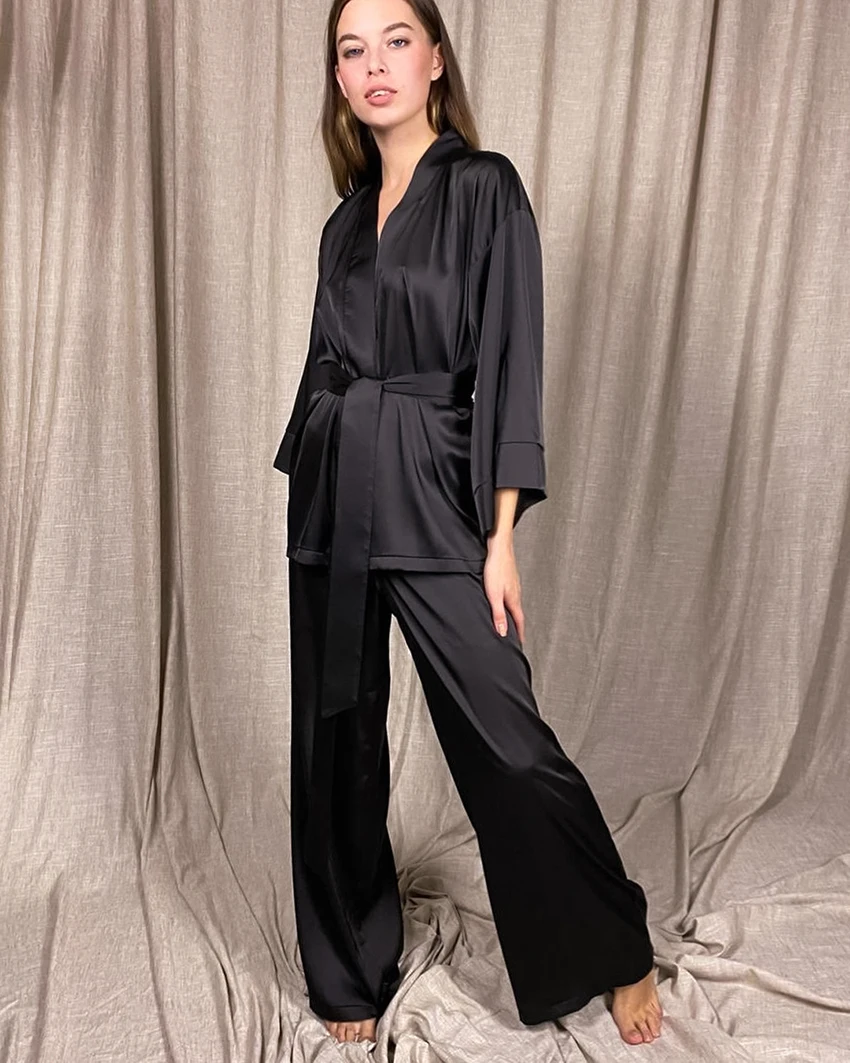 Women Robes With Sashes 2 Piece Set Wrist Sleep Tops Satin Pants Loose Pajamas Casual Sleepwear Female Home Suits