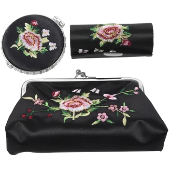 

Black Floral Embroidered Wallet Mirror Lipstick Holder Case 3 in 1 Set