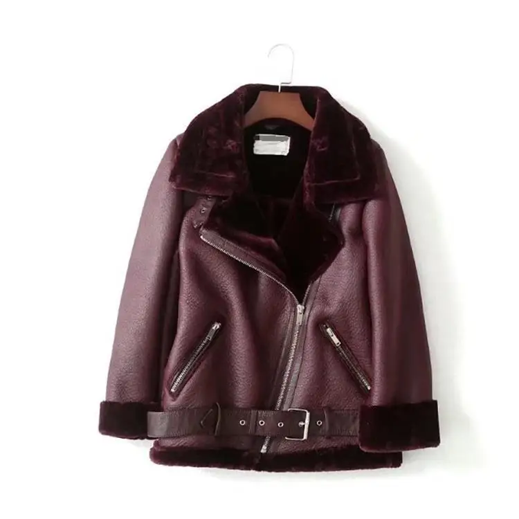 Зимние женские пальто из овчины, утолщенное Женское пальто из искусственной кожи с мехом, кожаная куртка с меховой подкладкой, Женская куртка-Авиатор - Цвет: Red wine