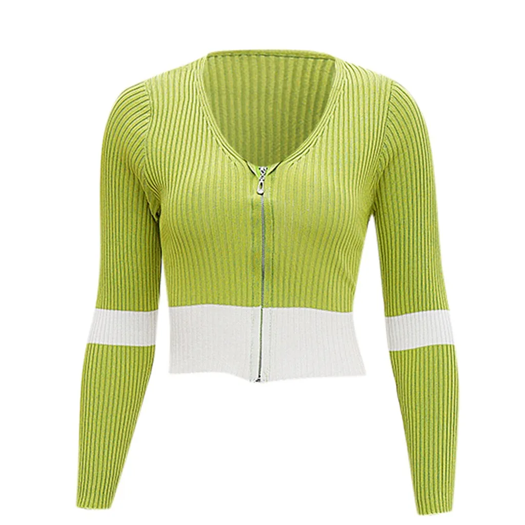 coats and jackets Women Autumn Long Sleeve Color Splicing Zipper Knitting Pullover Short Blouse chaquetas mujer manteau femme - Цвет: Green