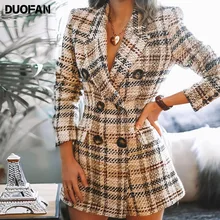 

DUOFAN Long-sleeved Plaid Women's Blends Jackets Double Breasted Contrasting Lapel Commuting Ladies Jacket Slim Causal Coat