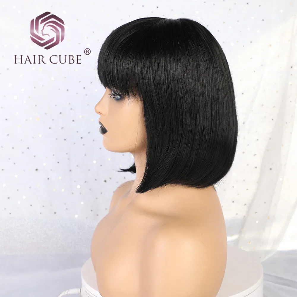 Haircube синтетические 8 дюймов парик 50% человеческие волосы натуральный черный Парики с аккуратные челки короткие прямые синтетические волосы парики из натуральных волос для Для женщин