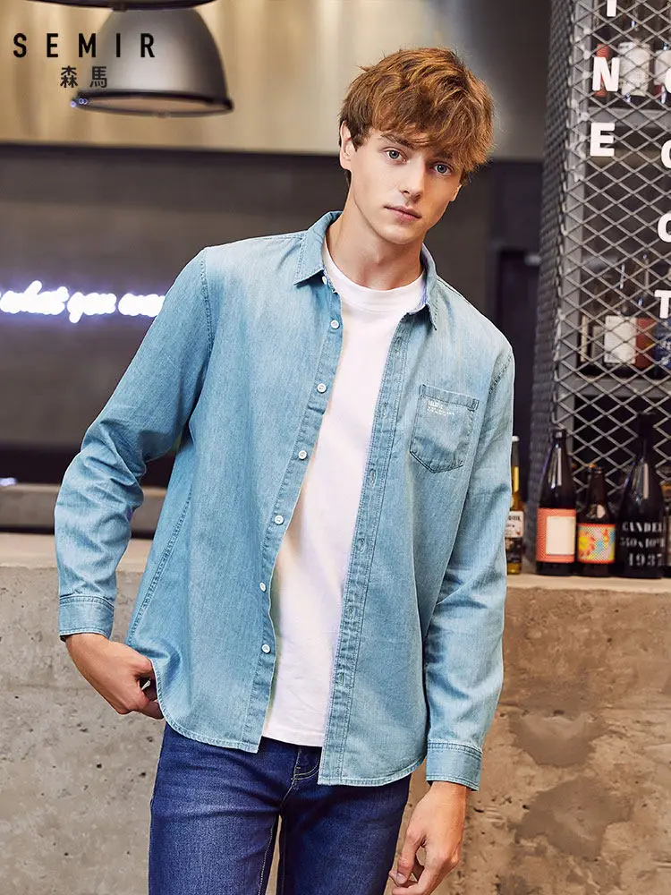 SEMIR Мужская рубашка с длинным рукавом, Мужская джинсовая рубашка, осень, новинка, хлопок, с принтом дюймов, хлопковая Повседневная рубашка, мужская одежда