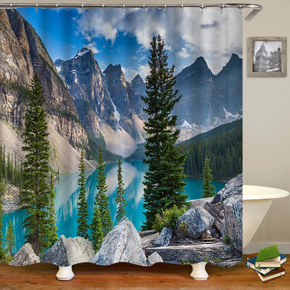 

Waterproof Fabric 3D Shower Curtains Printed Forest Waterfalls Natural Scenery Bathroom Curtains Large Size 240X180 Decoration