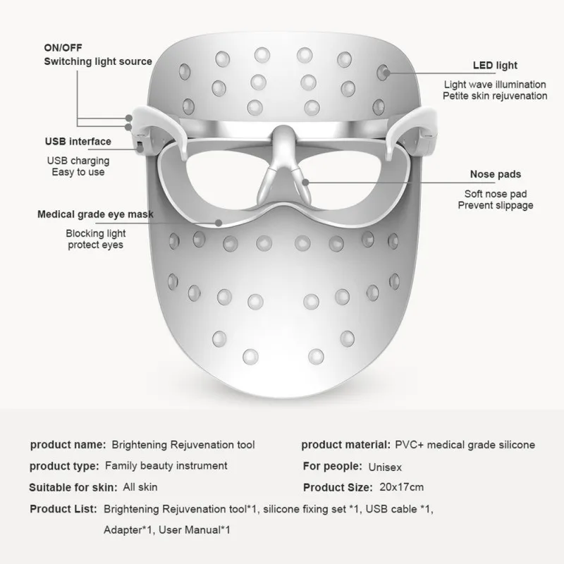 Светодиодный маска для лица с маской для глаз омоложение кожи уход за лицом Красота анти акне терапия отбеливающий инструмент