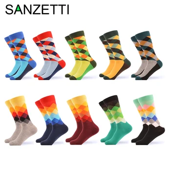 

SANZETTI 10 Pairs/Lot 2020 Hot Sale Men Crew Socks Fashion Design Plaid Geometry Diamond Business Party Dress Male Socks