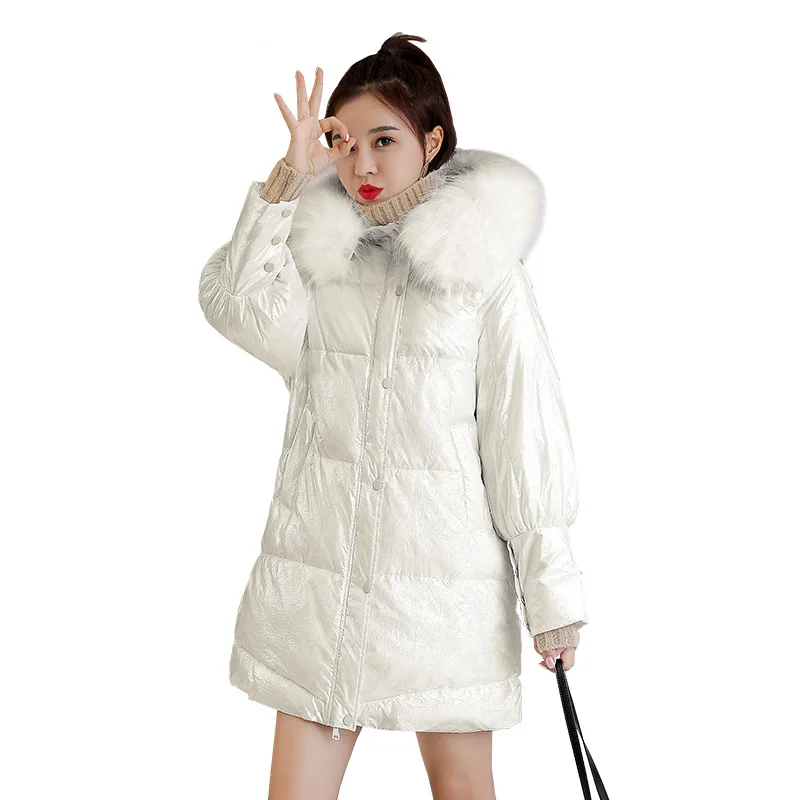 

2019 Winter New Style Bright Surface down Jacket Cotton-padded Clothes Women's Mid-length Large Fur Collar Loose-Fit Hooded Coat