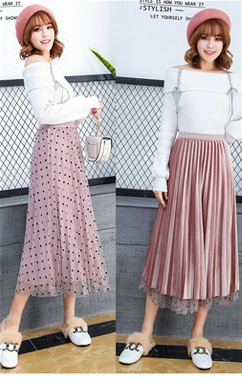 Розовый Новые модные женские Boho в горошек длинные макси юбки сетка Лето Fmeale Высокая талия плиссированная пляжная юбка - Цвет: Розовый