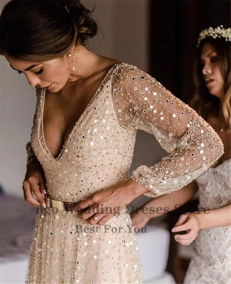red wedding dresses Champagne Glitter Two Pieces Wedding Dresses With Deatachable Coat Gold Sash 2021 Puff Long Sleeves V Neck Bride Gowns sexy wedding dresses