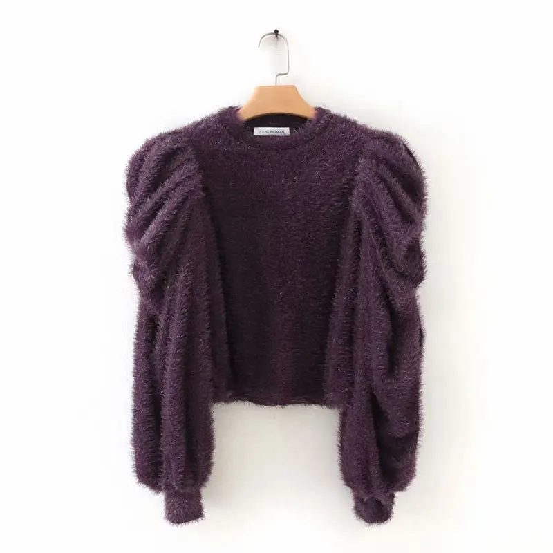 

2020 women fashion pleats puff sleeve wool spinning sweater ladies basic knitted casual slim high street sweaters chic tops S225