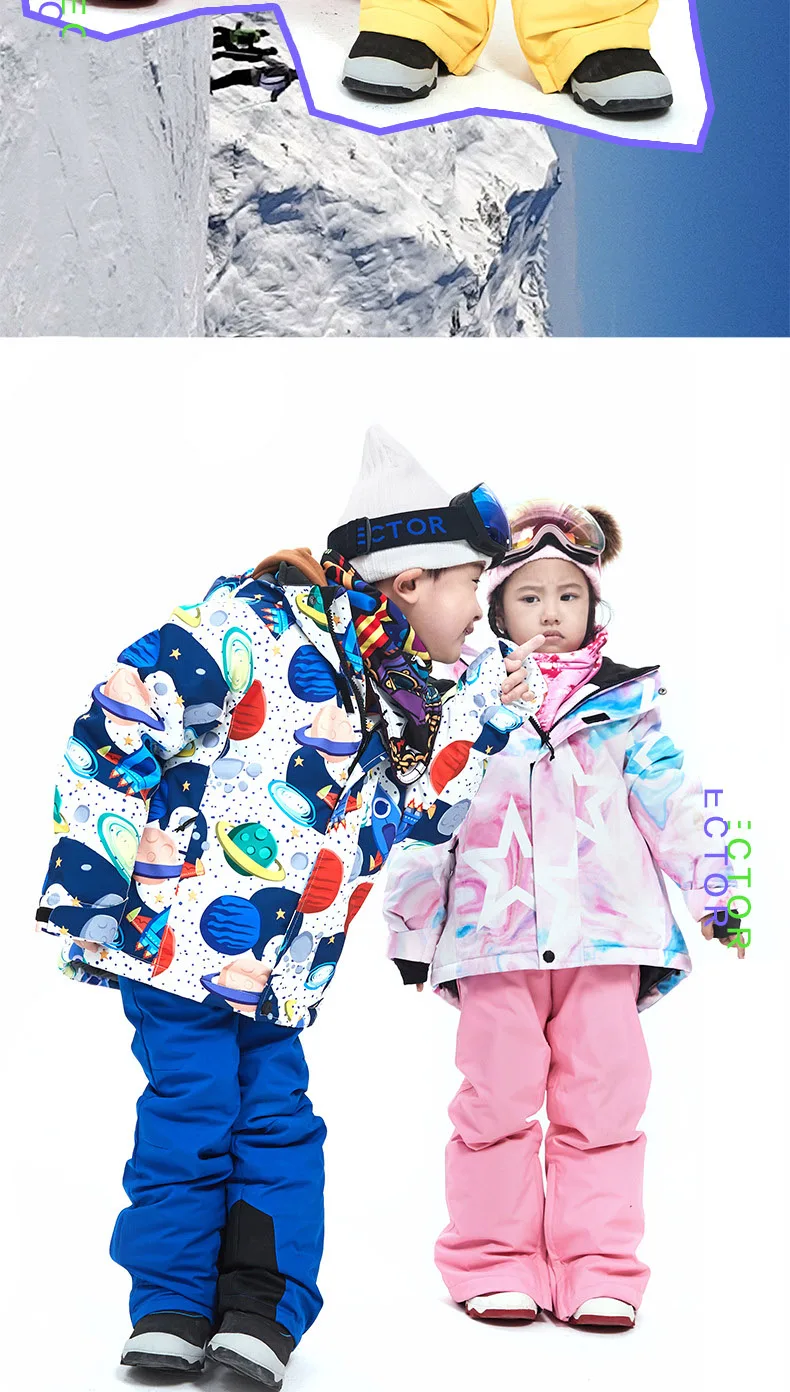 Детский лыжный костюм комплект зимней спортивной одежды для девочек и мальчиков, Утепленная зимняя водонепроницаемая куртка+ штаны детская Лыжная и Сноубордическая куртка
