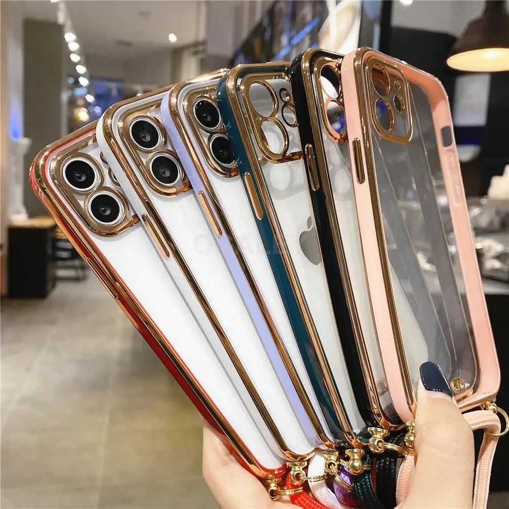 For iPhone 13 12 Pro Max 11 Pro Max 11 13 XS XR X 8 7 Plus SE 2020 Case Lanyard Strap Cord Chain Clear Soft Silicone Phone Cases iphone se waterproof case