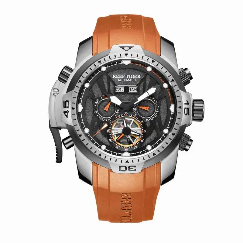 Reef Tiger/RT спортивные часы со сложным циферблатом год месяц вечный календарь стальной чехол водонепроницаемые часы Relogio Masculino