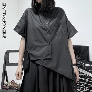 

SHENGPALAE 2020 Spring New Arrival Turn-down Collar Black White Female Blouses Loose Irregular Slpit Joint Women Shirt FV046