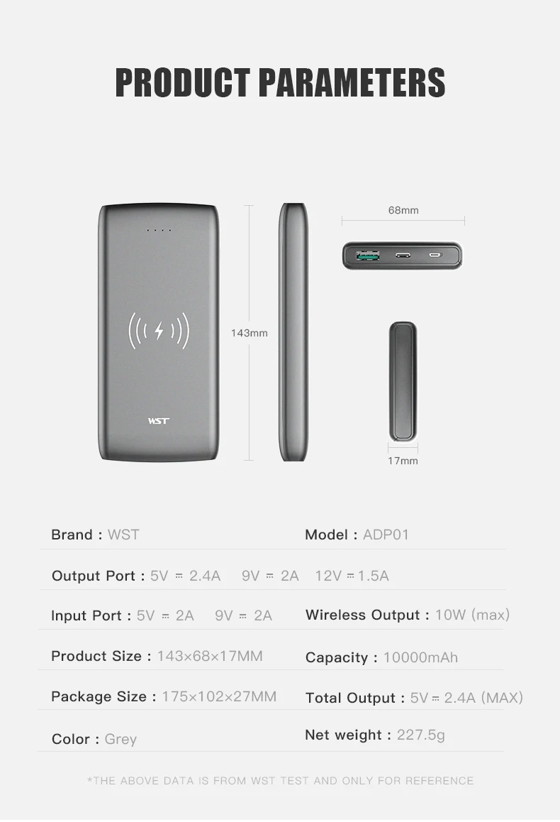 WST 10000, беспроводной внешний аккумулятор, внешняя батарея, зарядное устройство для телефона, PD, быстрая зарядка для iPhone, samsung