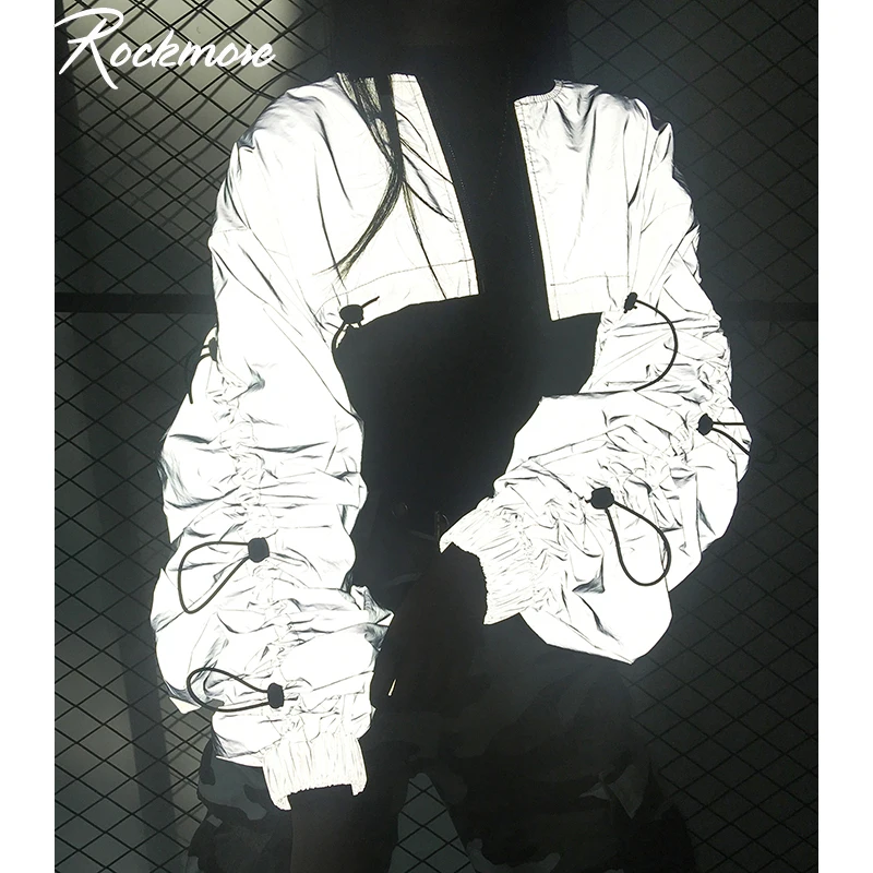 

Rockmore Reflective Puff Sleeve Womens Jackets And Coats Women Drawstring Pleated Windbreaker Zipper Turtleneck Bomber Jacket