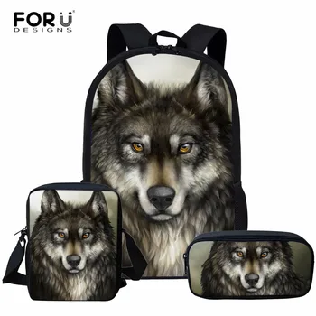 

FORUDESIGNS Wolf Backpack 3Pcs/Sets Schoolbags for Boys Girls Large Book Bags Junior Student Rucksack mochila infantil